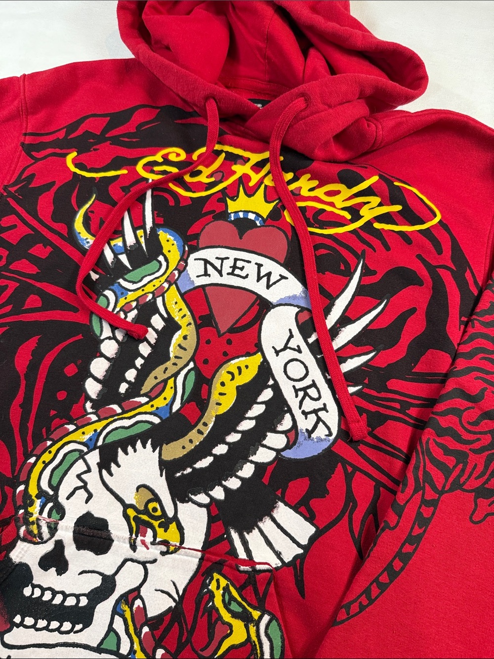 Ed Hardy NYC Skull Eagle Snake Pullover Hoodie Y2K Red Tattoo Size M